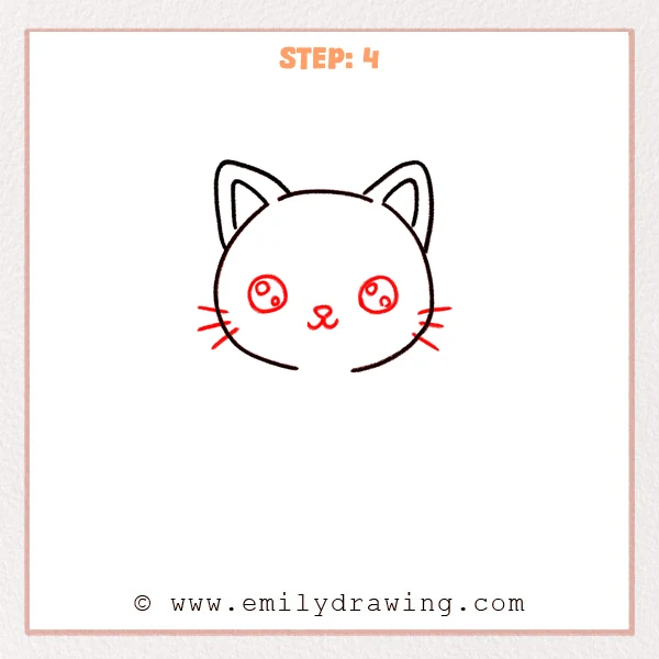 how to draw a black cat - Step 4: The black cat’s eyes, nose, smile, and whiskers are added to the face.